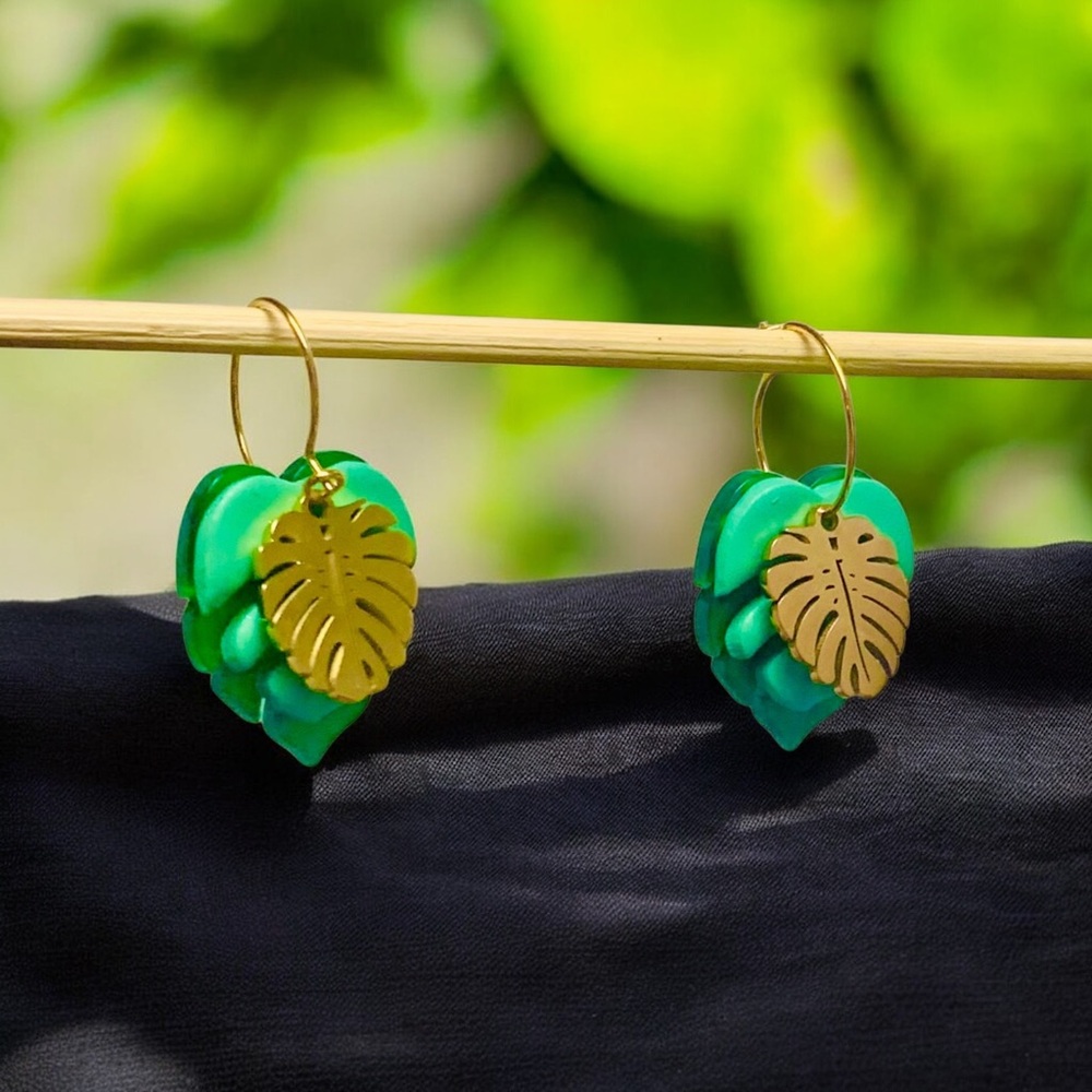 Handmade layered Monstera Leaf earrings on a small gold hoop